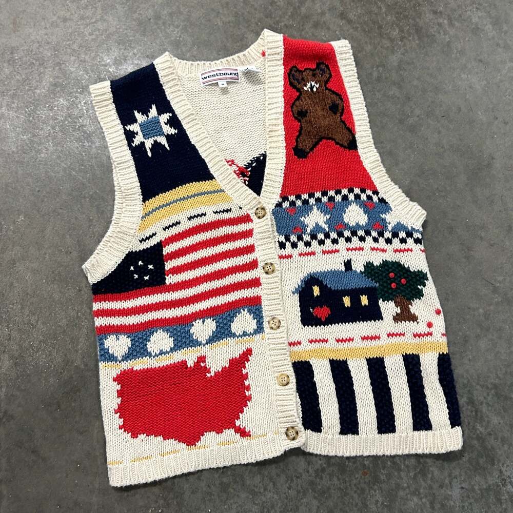 Vintage 90s Westbound Americana Patriotic USA Flag Bear Knit Sweater Vest